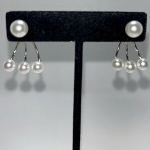 Classy Women's White Faux Pearl Drop Down Silver Tone Earrings